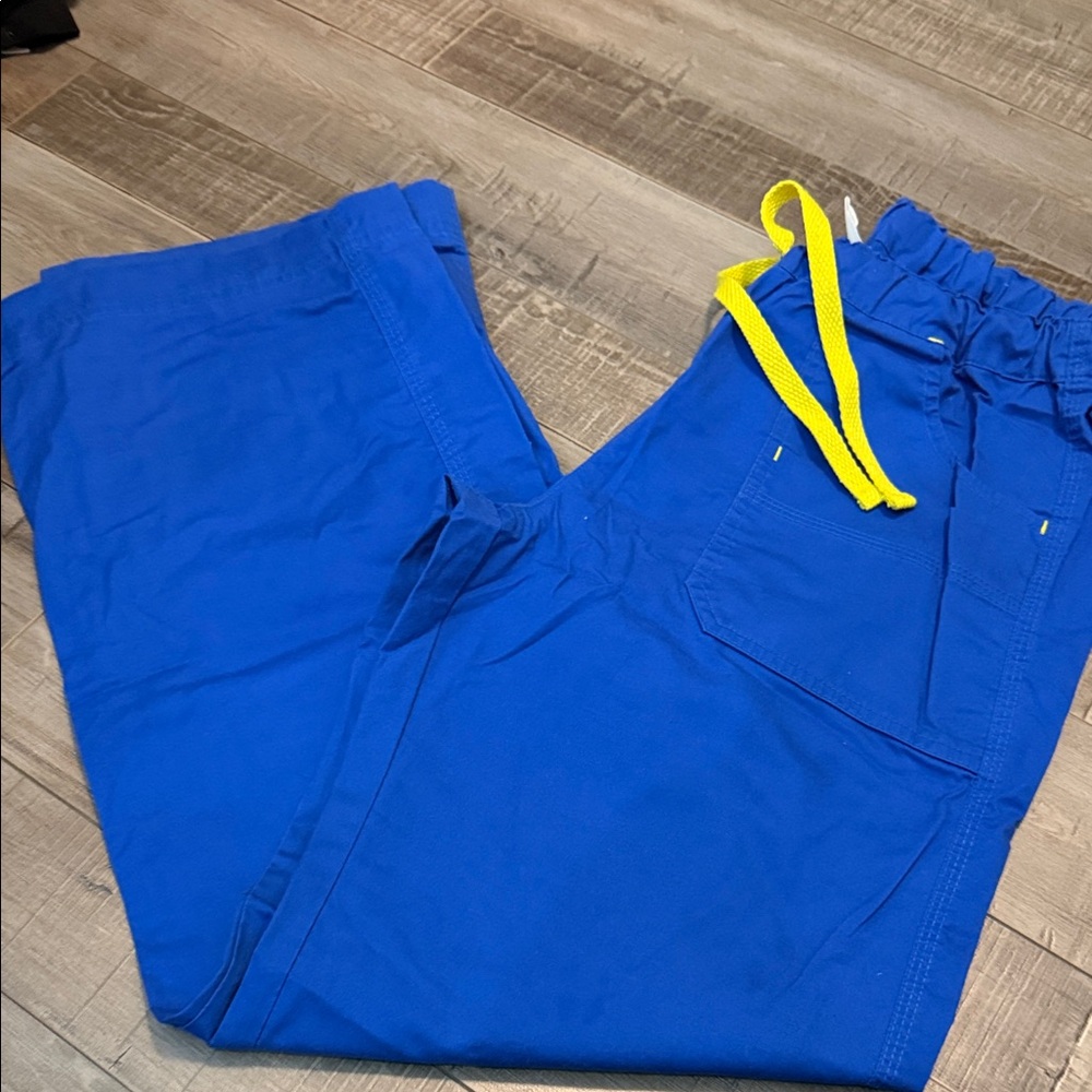 Women's Blue Scrub Pants with Yellow Drawstring